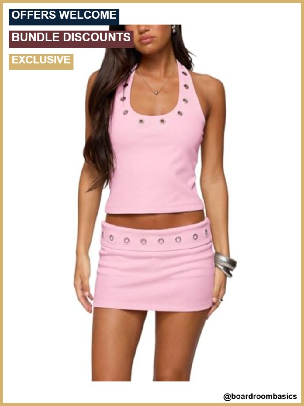 Women 2 Piece Skirt Set Built-in Shorts Ribbed Eyelet Halter Crop Top Skort
